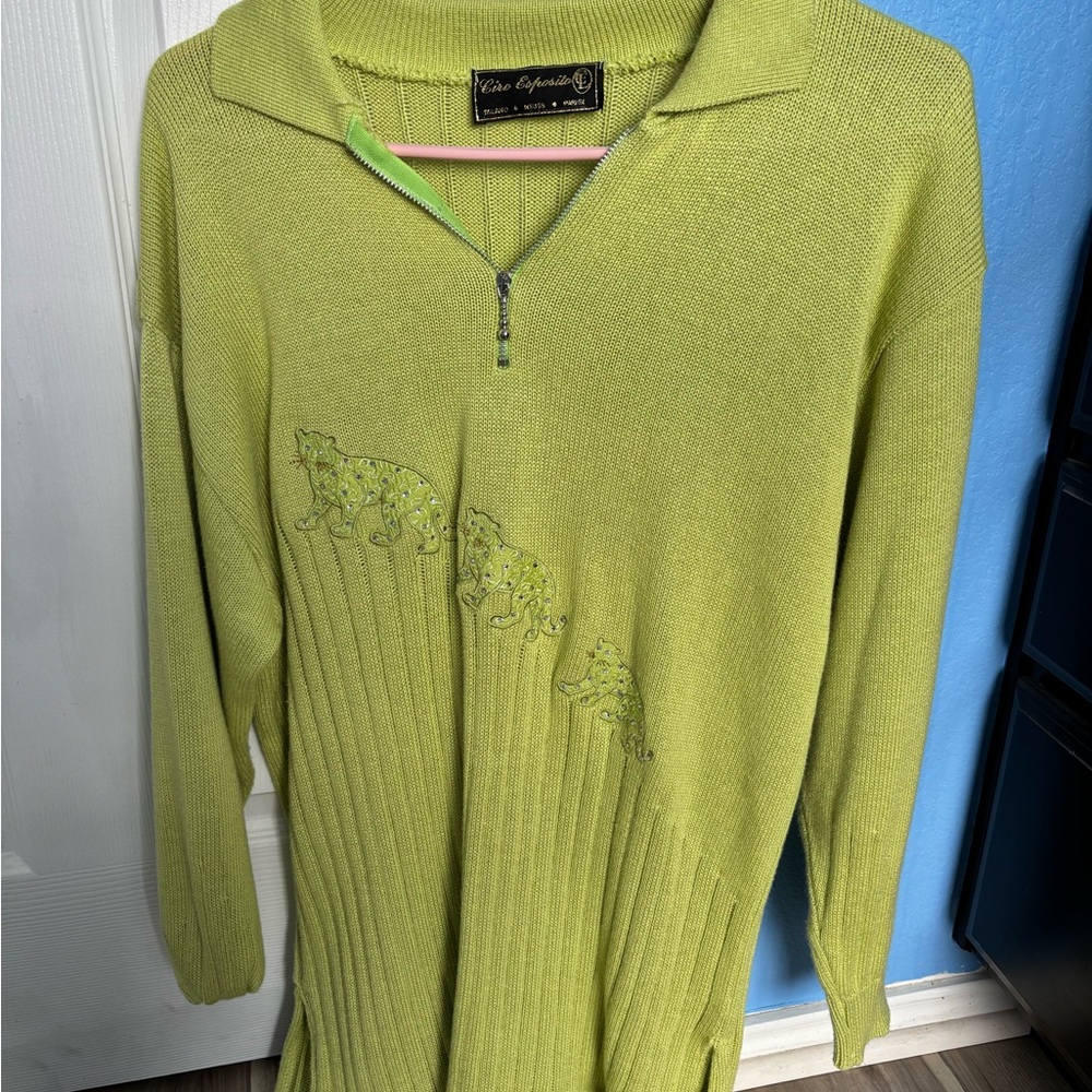 Chic Lime Green Knit Sweater with Leopard Design